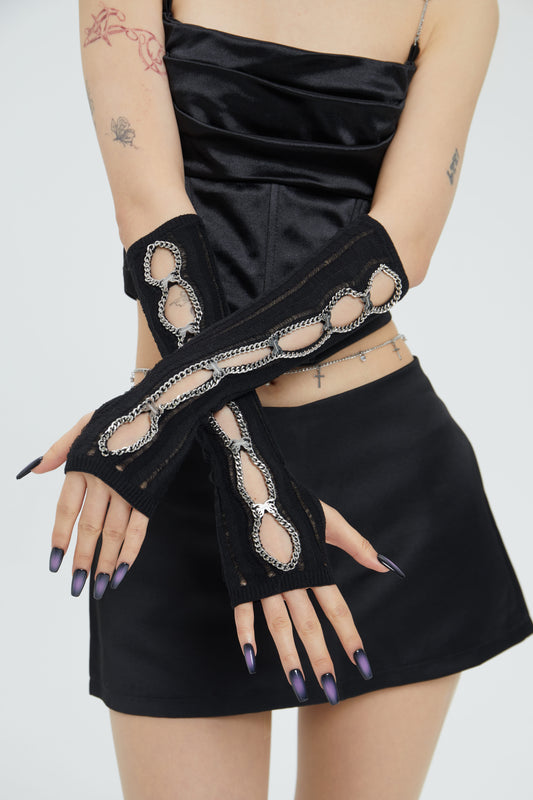 Fervooor Metal chain butterfly black long gloves